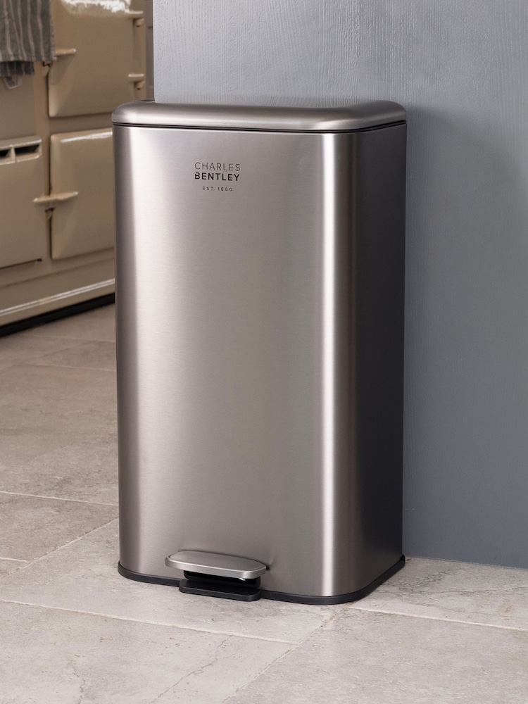 Charles Bentley Silver 30L Slimline Kitchen Pedal Bin - Image 1 of 6