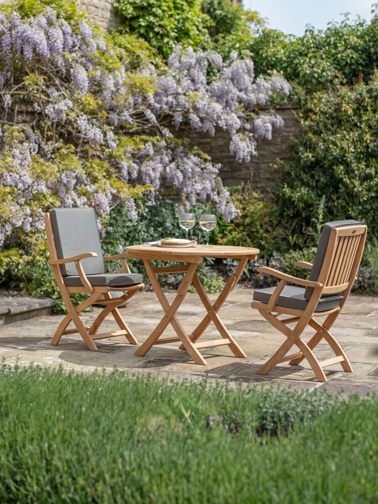 Bramblecrest Teak Bibury Round Table with 2 Armchairs & Cushions - Image 1 of 3 Bramblecrest Teak Bibury Round Table with 2 Armchairs & Cushions - Image 1 of 3
