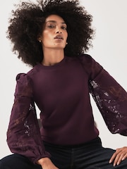 Mint Velvet Red Cotton Blend Lace Sleeve Sweatshirt - Image 1 of 7
