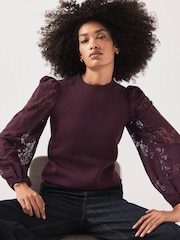 Mint Velvet Red Cotton Blend Lace Sleeve Sweatshirt - Image 2 of 7