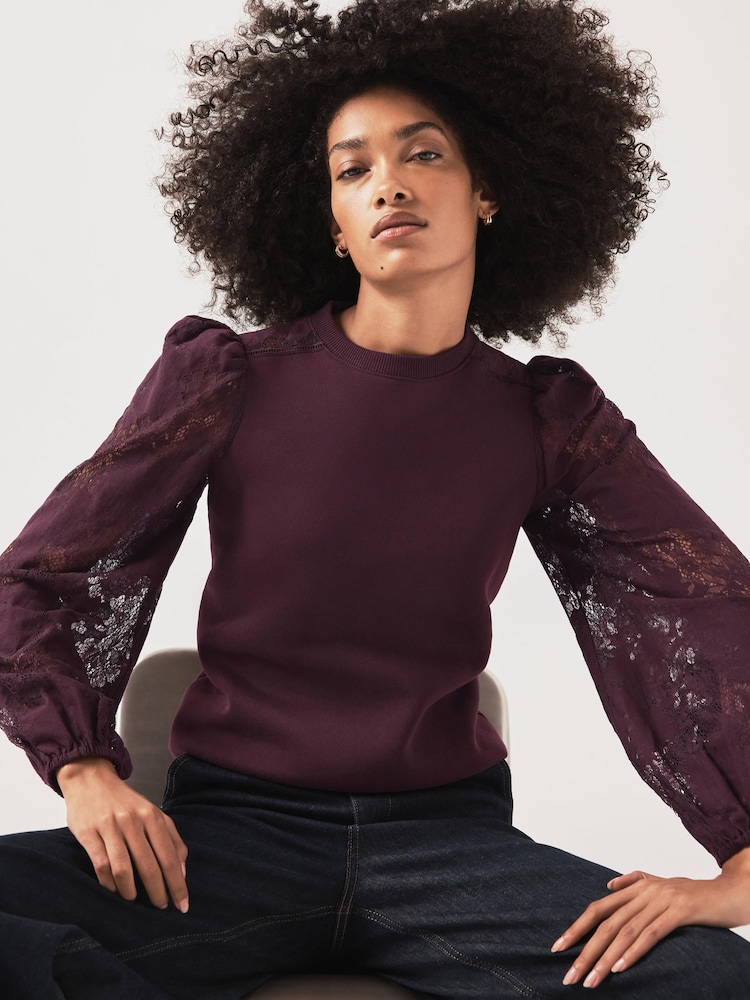 Mint Velvet Red Cotton Blend Lace Sleeve Sweatshirt - Image 2 of 7 Mint Velvet Red Cotton Blend Lace Sleeve Sweatshirt - Image 2 of 7