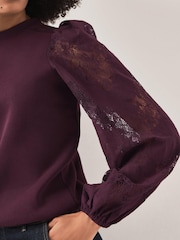 Mint Velvet Red Cotton Blend Lace Sleeve Sweatshirt - Image 3 of 7
