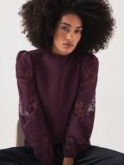 Mint Velvet Red Cotton Blend Lace Sleeve Sweatshirt - Image 5 of 7