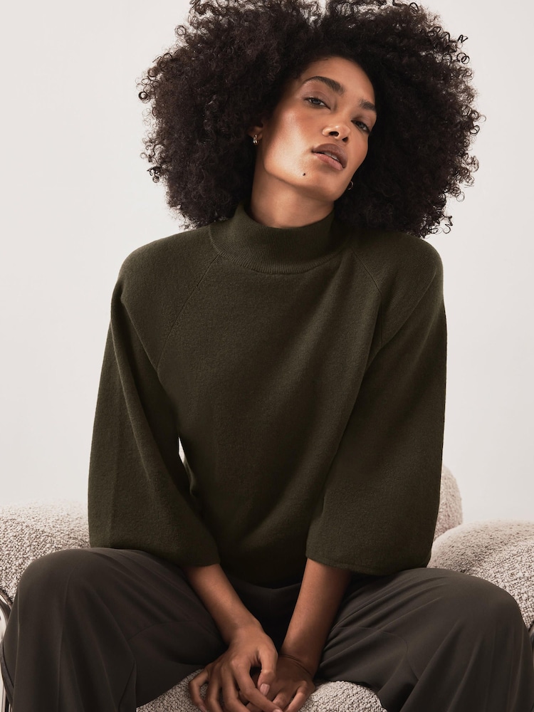 Mint Velvet Green Cotton Blend High Neck Top - Image 1 of 7