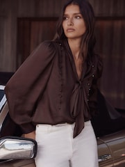 Mint Velvet Brown Satin Pussybow Blouse - Image 3 of 8