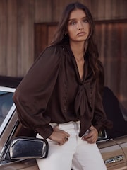 Mint Velvet Brown Satin Pussybow Blouse - Image 4 of 8