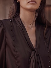 Mint Velvet Brown Satin Pussybow Blouse - Image 5 of 8