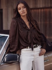 Mint Velvet Brown Satin Pussybow Blouse - Image 6 of 8