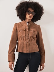 Mint Velvet Brown Suede Peplum Jacket - Image 1 of 8