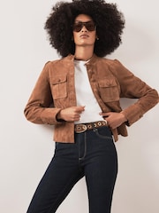 Mint Velvet Brown Suede Peplum Jacket - Image 3 of 8