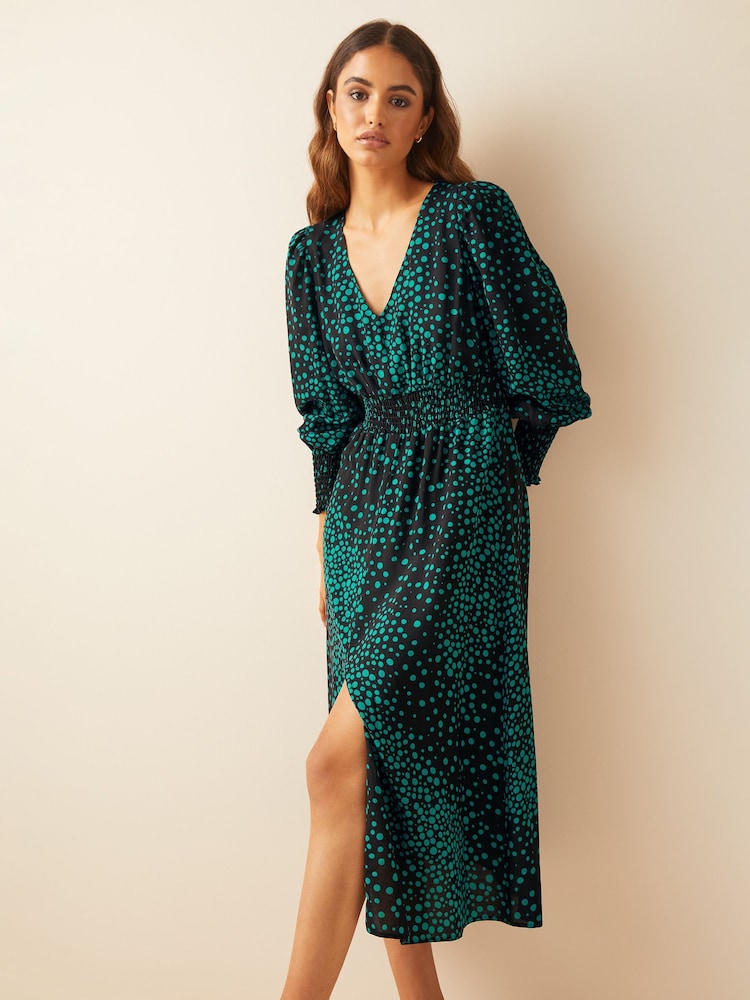 Friends Like These Green Black Print V Neck Shirred Waist Long Puff Sleeve Midi Dress - Image 1 of 4