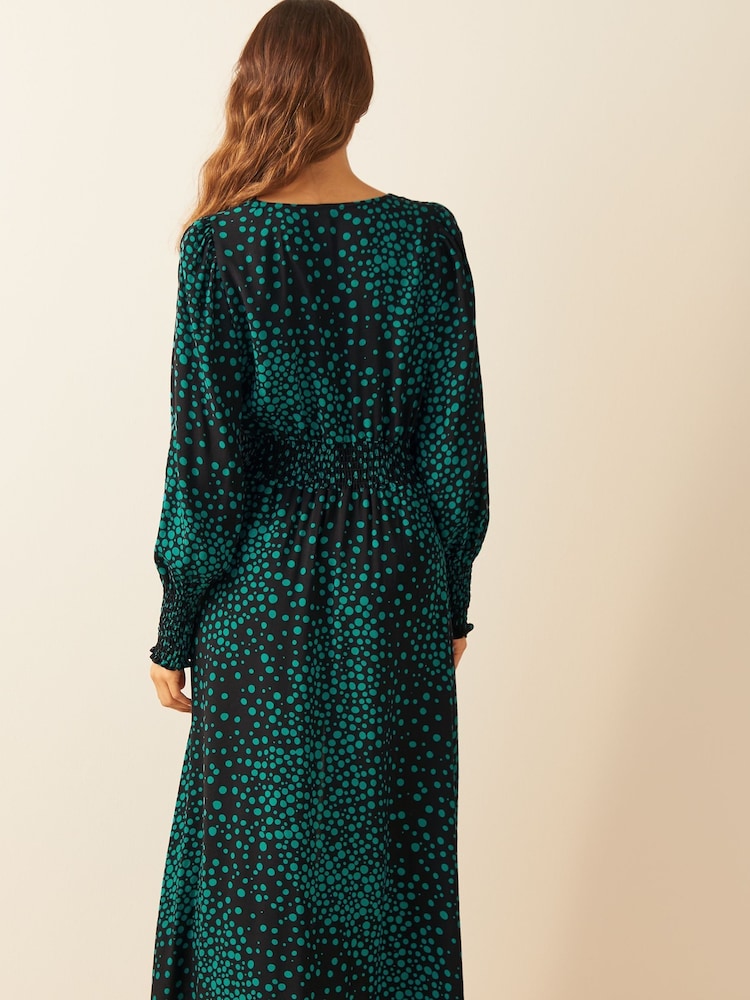 Friends Like These Green Black Print V Neck Shirred Waist Long Puff Sleeve Midi Dress - Image 2 of 4