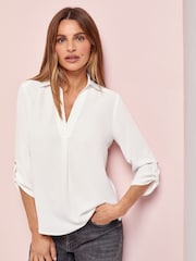 Lipsy White V Neck 3/4 Sleeve Collared Blouse - Image 1 of 4
