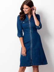 Sosandar Mid Blue Zip Front Denim Shift Dress - Image 4 of 6