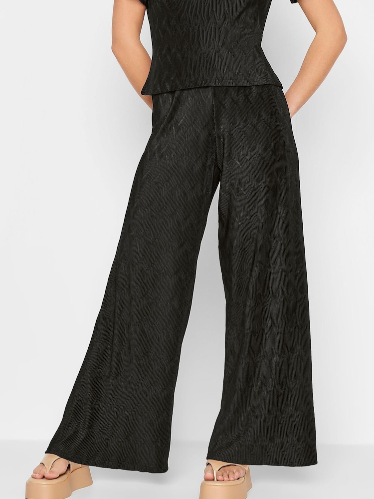 PixieGirl Petite Black Plisse Wide Leg Trouser - Image 1 of 4