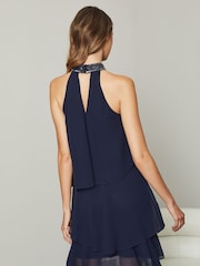 Lipsy Navy Blue Halter Hand Embellished Sequin Tiered Mini Swing Dress - Image 2 of 4