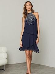 Lipsy Navy Blue Halter Hand Embellished Sequin Tiered Mini Swing Dress - Image 4 of 4