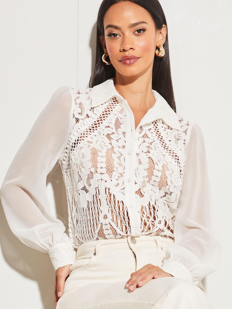 Lipsy White VIP Lace Sheer Long Sleeve Button Up Shirt - Image 1 of 4 Lipsy White VIP Lace Sheer Long Sleeve Button Up Shirt - Image 1 of 4