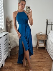 Style Cheat Blue Fleur Halter Satin High Low Hem Maxi Dress - Image 1 of 5