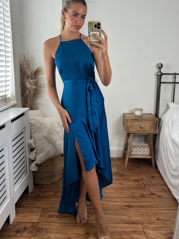 Style Cheat Blue Fleur Halter Satin High Low Hem Maxi Dress - Image 1 of 5 Style Cheat Blue Fleur Halter Satin High Low Hem Maxi Dress - Image 1 of 5