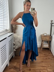 Style Cheat Blue Fleur Halter Satin High Low Hem Maxi Dress - Image 2 of 5