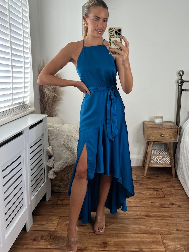 Style Cheat Blue Fleur Halter Satin High Low Hem Maxi Dress - Image 2 of 5 Style Cheat Blue Fleur Halter Satin High Low Hem Maxi Dress - Image 2 of 5