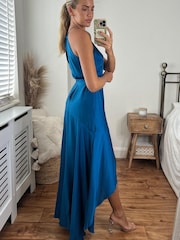 Style Cheat Blue Fleur Halter Satin High Low Hem Maxi Dress - Image 3 of 5