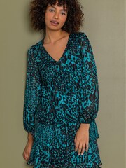 Dusk Blue Tiered Satin Animal Print Dress - Image 1 of 4