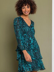 Dusk Blue Tiered Satin Animal Print Dress - Image 3 of 4