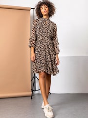Dusk Brown Animal Frill Detail Chiffon Dress - Image 1 of 4