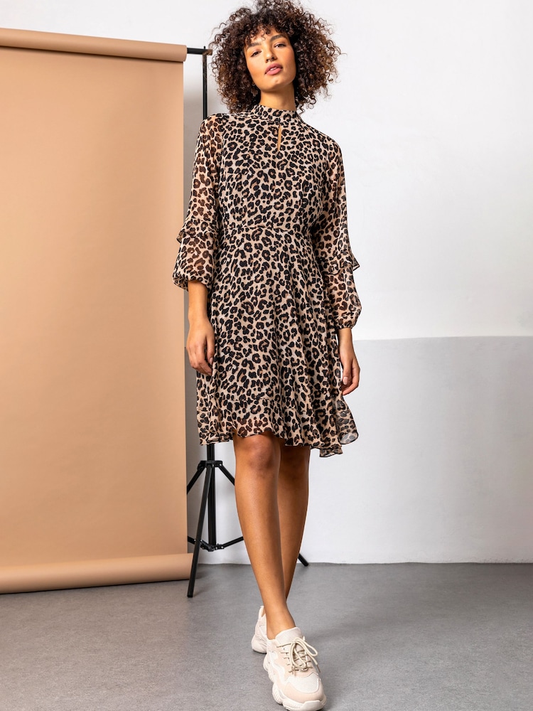 Dusk Brown Animal Frill Detail Chiffon Dress - Image 1 of 4 Dusk Brown Animal Frill Detail Chiffon Dress - Image 1 of 4