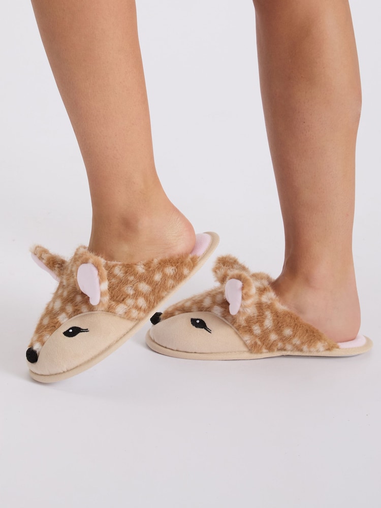 Boux Avenue Brown Deer Plush Mule Slippers - Image 2 of 6 Boux Avenue Brown Deer Plush Mule Slippers - Image 2 of 6