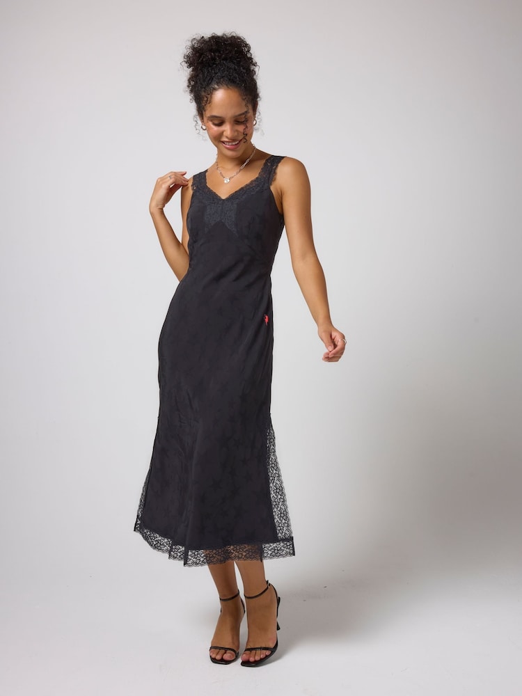 SCAMP & DUDE Black Star Jacquard Lace Detail Midi Slip Dress - Image 1 of 3