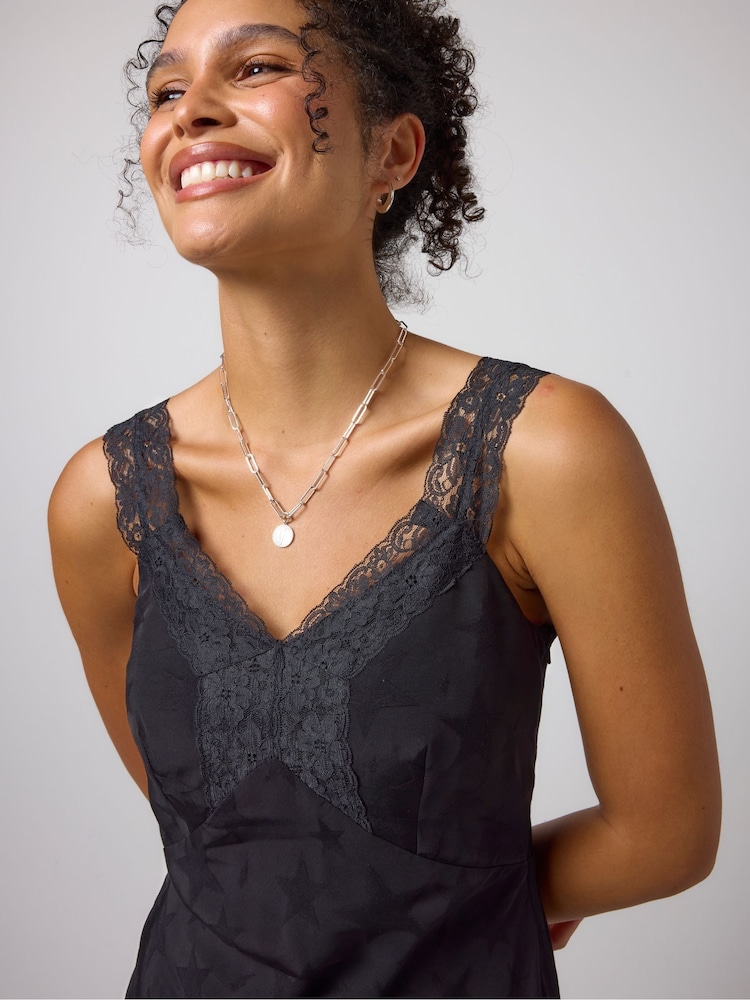 SCAMP & DUDE Black Star Jacquard Lace Detail Midi Slip Dress - Image 3 of 3