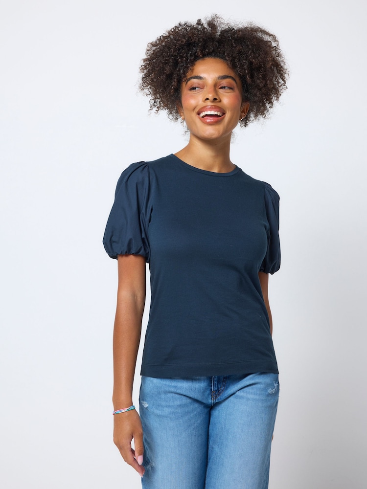 SCAMP & DUDE Blue Woven Puff Sleeve T-Shirt - Image 1 of 4 SCAMP & DUDE Blue Woven Puff Sleeve T-Shirt - Image 1 of 4