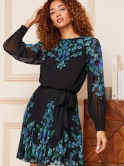 V&A | Love & Roses Black and Blue Printed Round Neck Pleated Long Sleeve Belted Mini Dress - Image 1 of 4