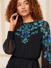 V&A | Love & Roses Black and Blue Printed Round Neck Pleated Long Sleeve Belted Mini Dress - Image 2 of 4