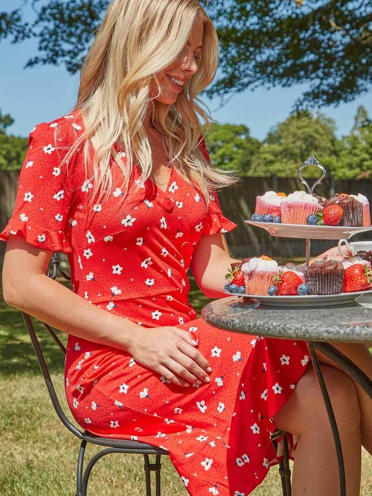 Roman Red Floral Side Button Tea Dress - Image 2 of 4
