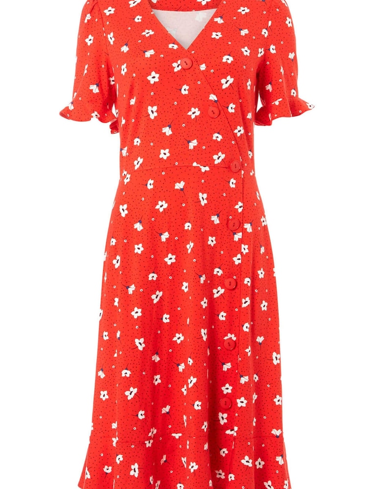 Roman Red Floral Side Button Tea Dress - Image 4 of 4