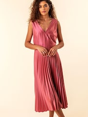 Roman Pink Satin Pleated Midi Wrap Dress - Image 1 of 4