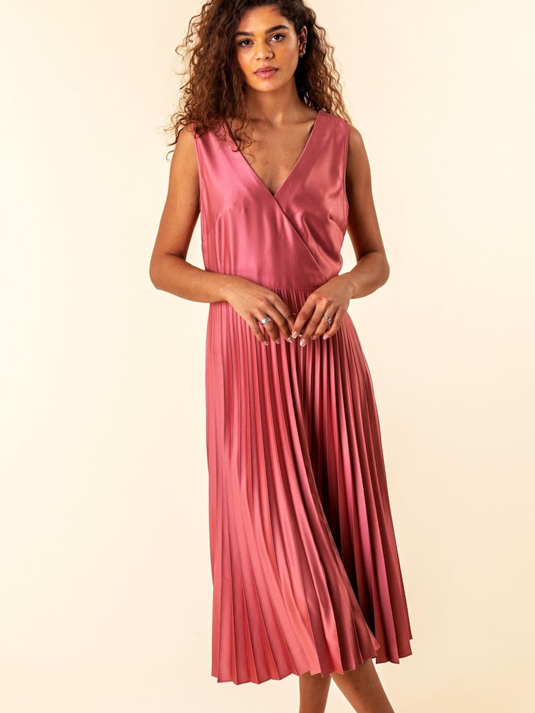 Roman Pink Satin Pleated Midi Wrap Dress - Image 1 of 4
