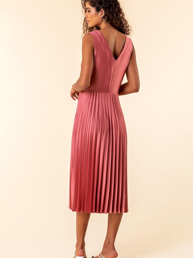 Roman Pink Satin Pleated Midi Wrap Dress - Image 2 of 4
