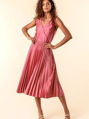 Roman Pink Satin Pleated Midi Wrap Dress - Image 3 of 4