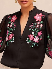 V&A | Love & Roses Black Embroidery Floral Embroidered Ruffle V Neck Button Through Blouse - Image 2 of 4