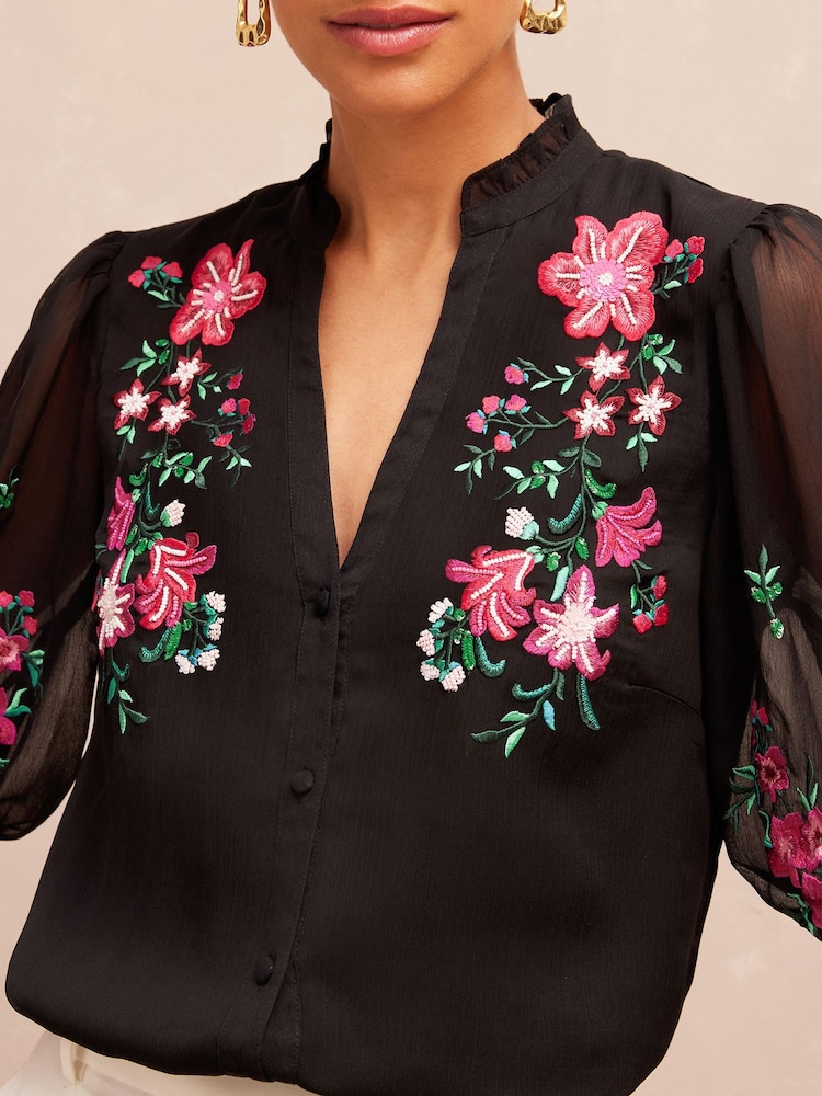 V&A | Love & Roses Black Embroidery Floral Embroidered Ruffle V Neck Button Through Blouse - Image 2 of 4