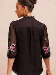 V&A | Love & Roses Black Embroidery Floral Embroidered Ruffle V Neck Button Through Blouse - Image 3 of 4
