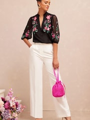 V&A | Love & Roses Black Embroidery Floral Embroidered Ruffle V Neck Button Through Blouse - Image 4 of 4