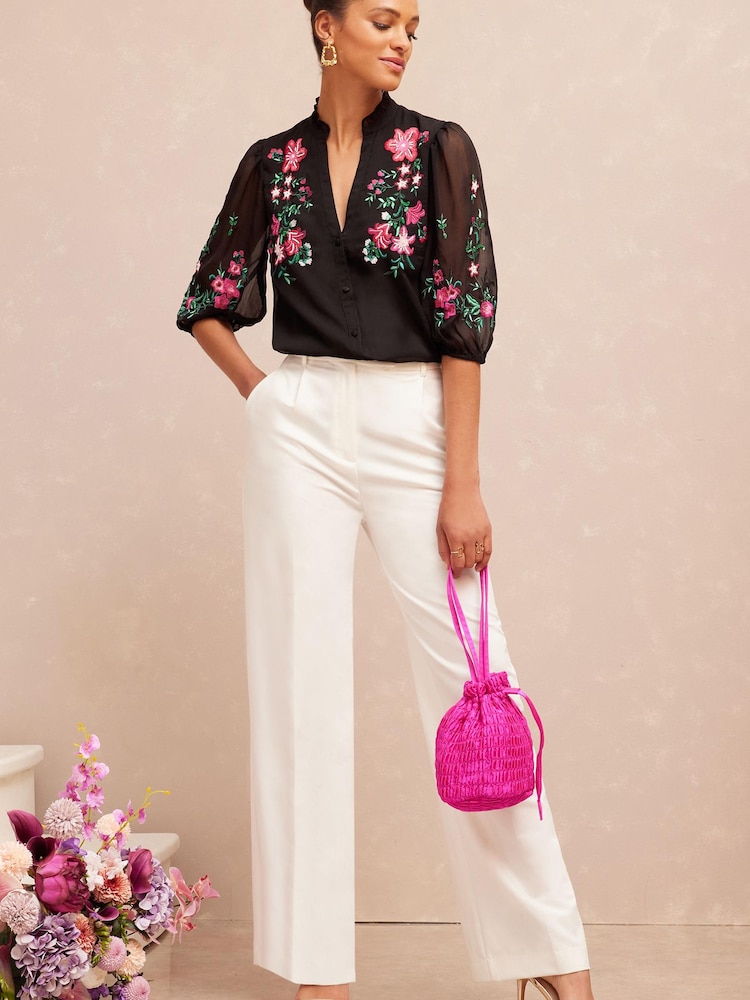 V&A | Love & Roses Black Embroidery Floral Embroidered Ruffle V Neck Button Through Blouse - Image 4 of 4
