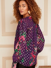V&A | Love & Roses Purple Floral Printed Ruffle Ruffle Neck Metallic Spot Long Sleeve Blouse - Image 3 of 4