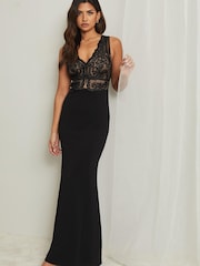 Lipsy Black Plese amend header to be Applique V Neck Maxi Dress - Image 1 of 4